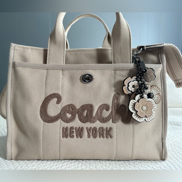 Coach Beige Canvas Tote Bag with Floral Charm - Picture 1 of 10